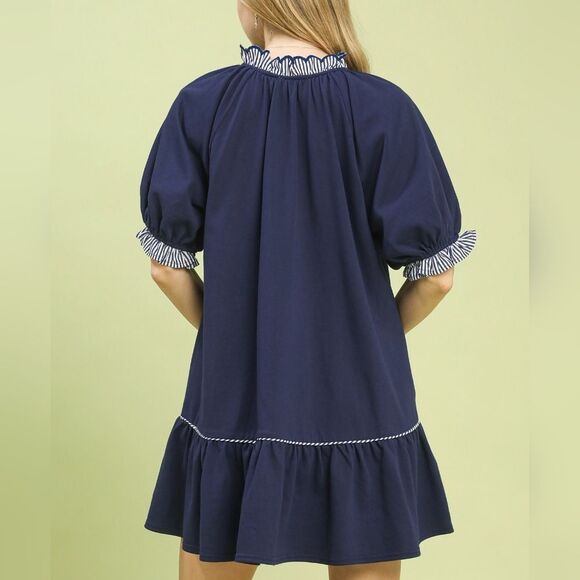 Umgee Women's Quiet Luxury French Terry Mini Dress Ruffled Striped Trim S M L - Picture 5 of 5